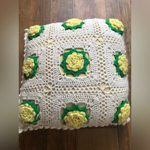 Granny Square Crochet Pillow 16 X 16” Cottage Core Vintage Throw Yellow Flowers
